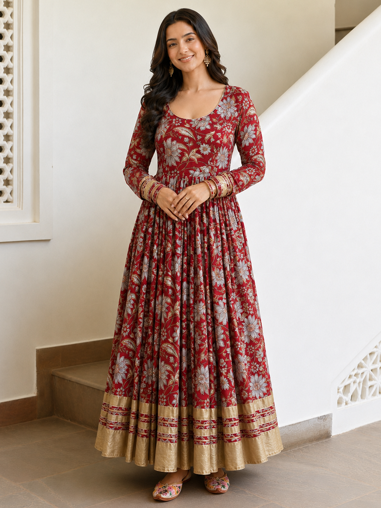 Red Anarkali in Floral Block Print Dupatta