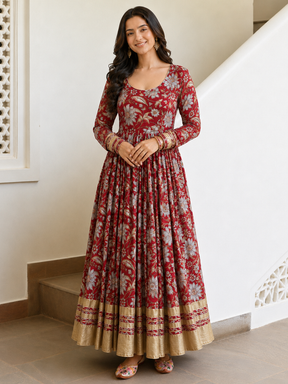 Red Anarkali in Floral Block Print Dupatta