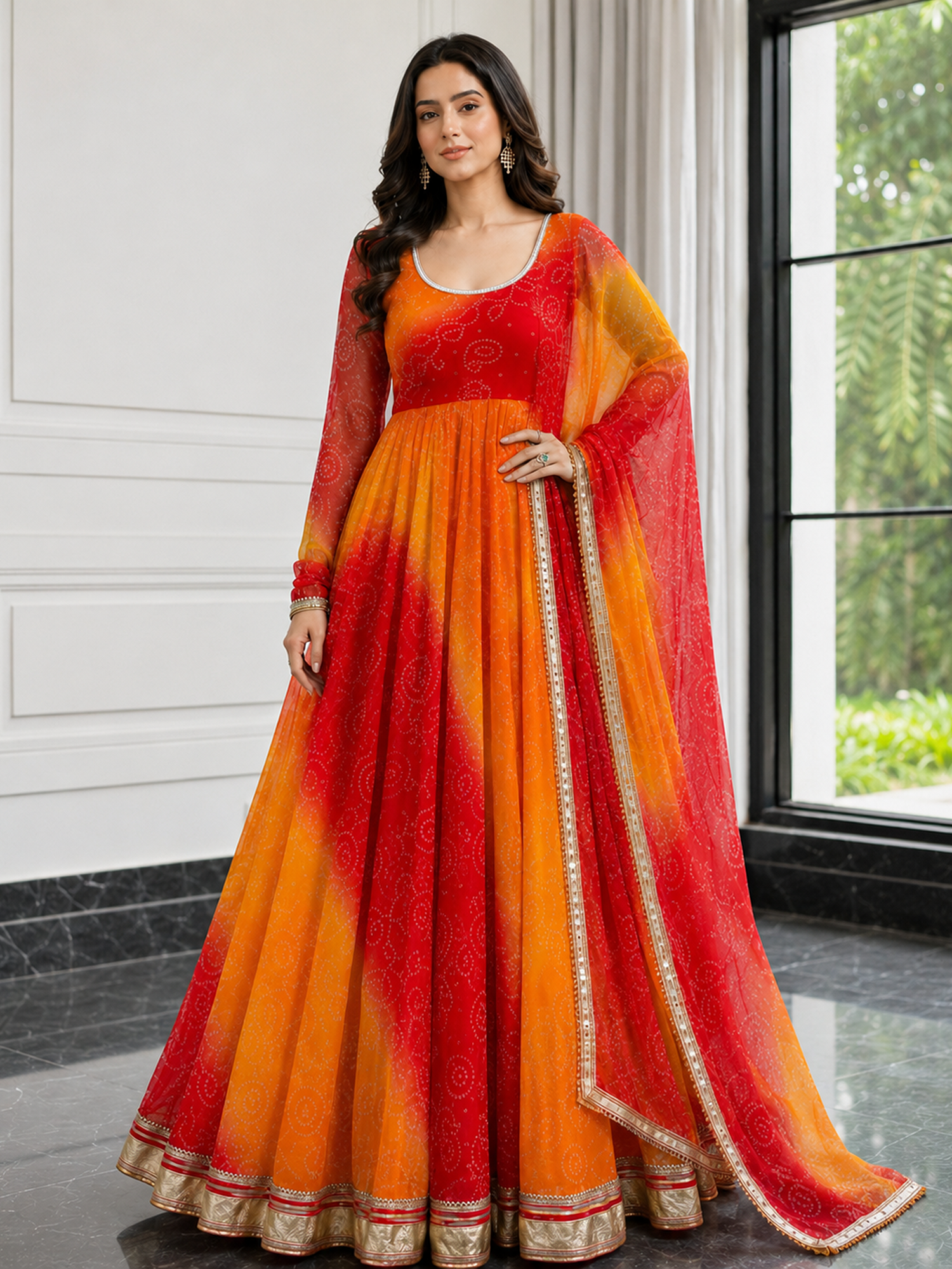 Red and Yellow Bandhani Anarkali