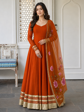 Orange Anarkali with Floral Organza Dupatta
