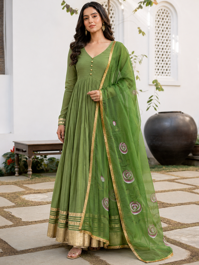 Green Anarkali with Floral Organza Dupatta