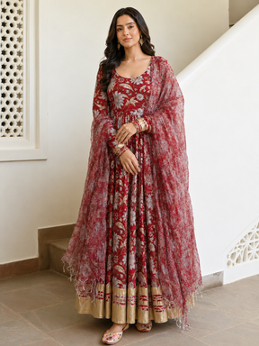 Red Anarkali in Floral Block Print Dupatta