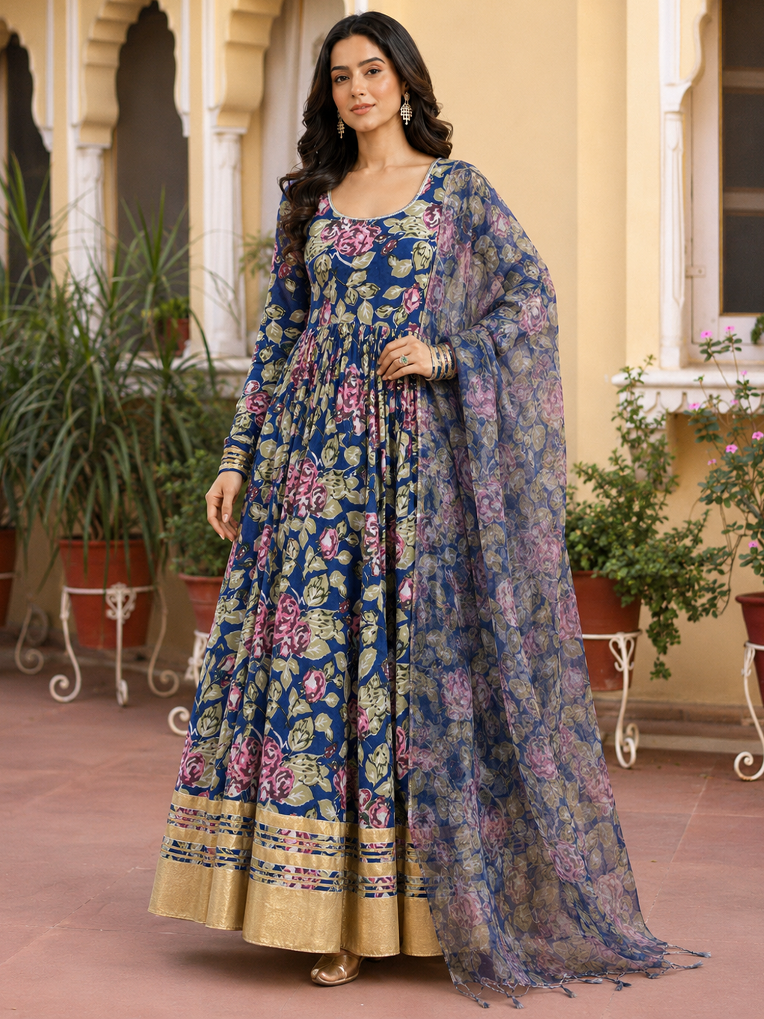 Blue Anarkali in Floral Block Print Dupatta