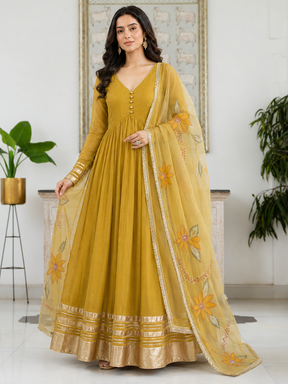 Yellow Anarkali with Floral Organza Dupatta