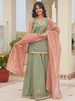 Green Kurta Plazo with Tissue Dupatta