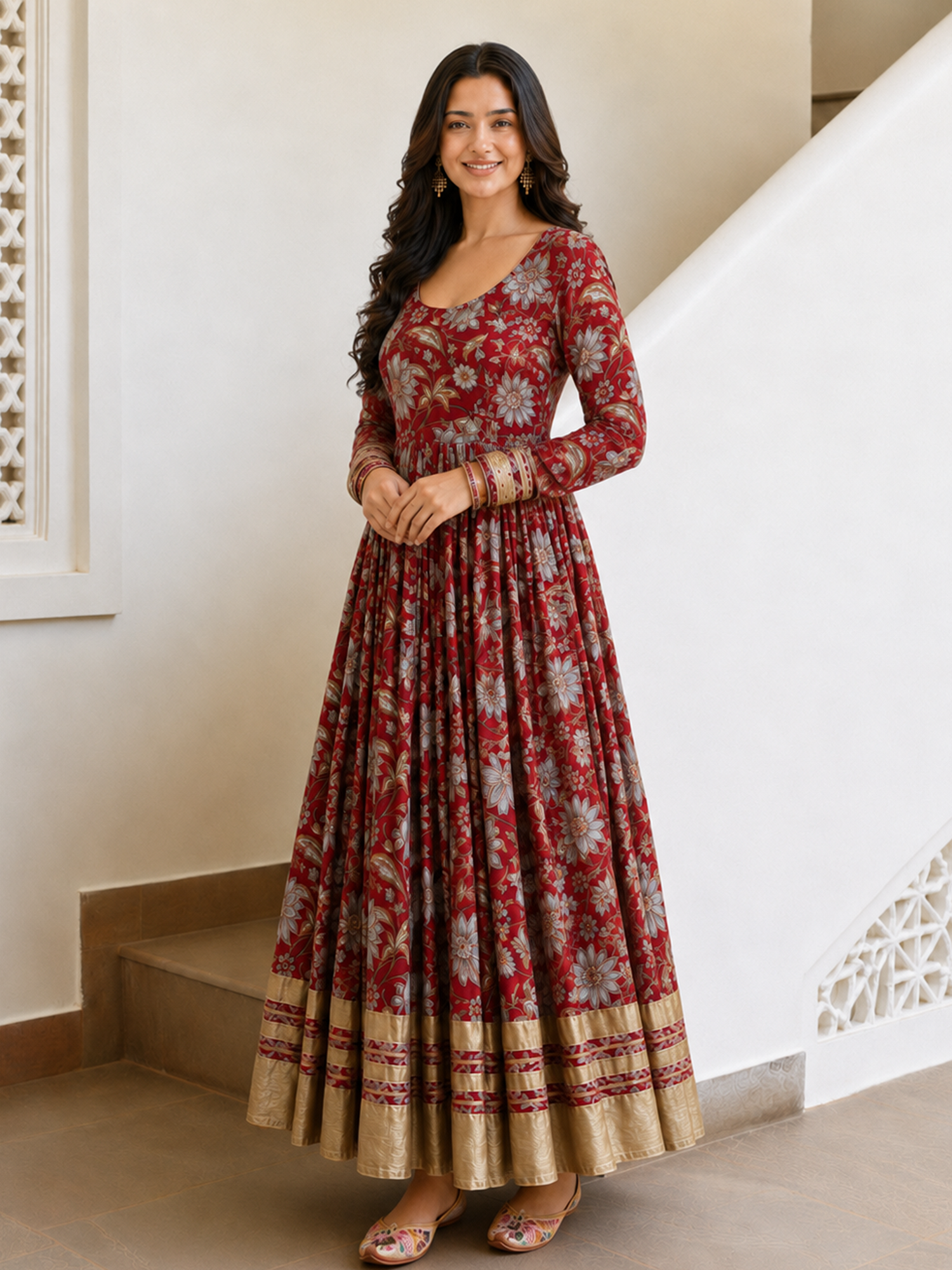 Red Anarkali in Floral Block Print Dupatta