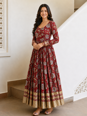 Red Anarkali in Floral Block Print Dupatta