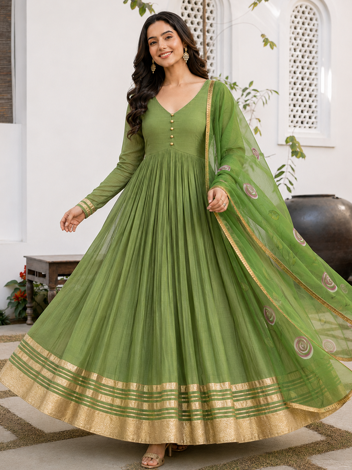 Green Anarkali with Floral Organza Dupatta