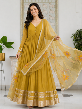 Yellow Anarkali with Floral Organza Dupatta