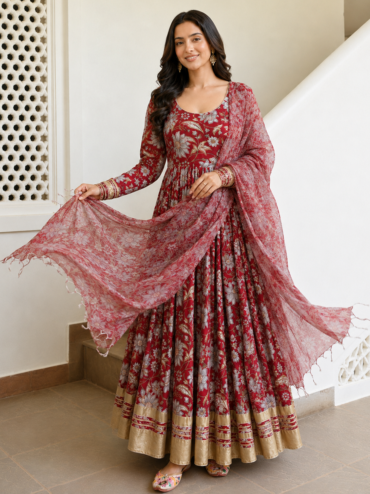 Red Anarkali in Floral Block Print Dupatta