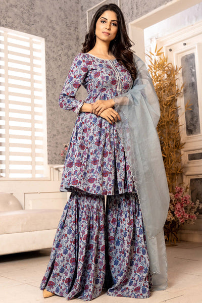 Purple Hand Block Sharara Set