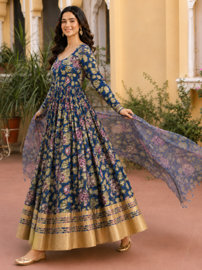 Blue Anarkali in Floral Block Print Dupatta