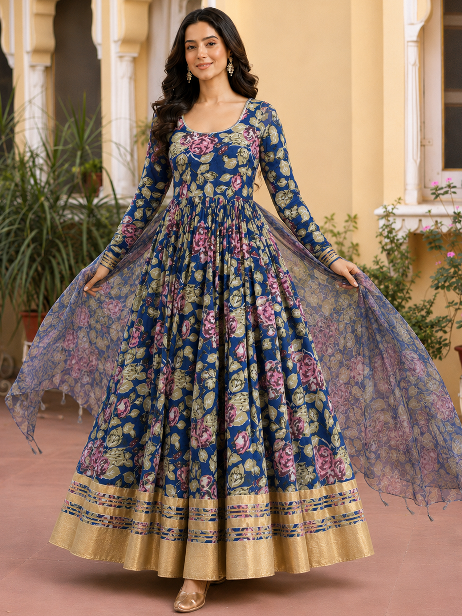 Blue Anarkali in Floral Block Print Dupatta