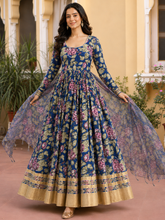 Blue Anarkali in Floral Block Print Dupatta