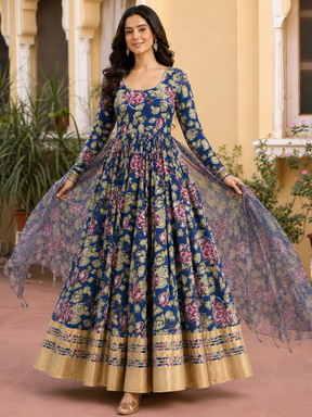 Blue Anarkali in Floral Block Print Dupatta