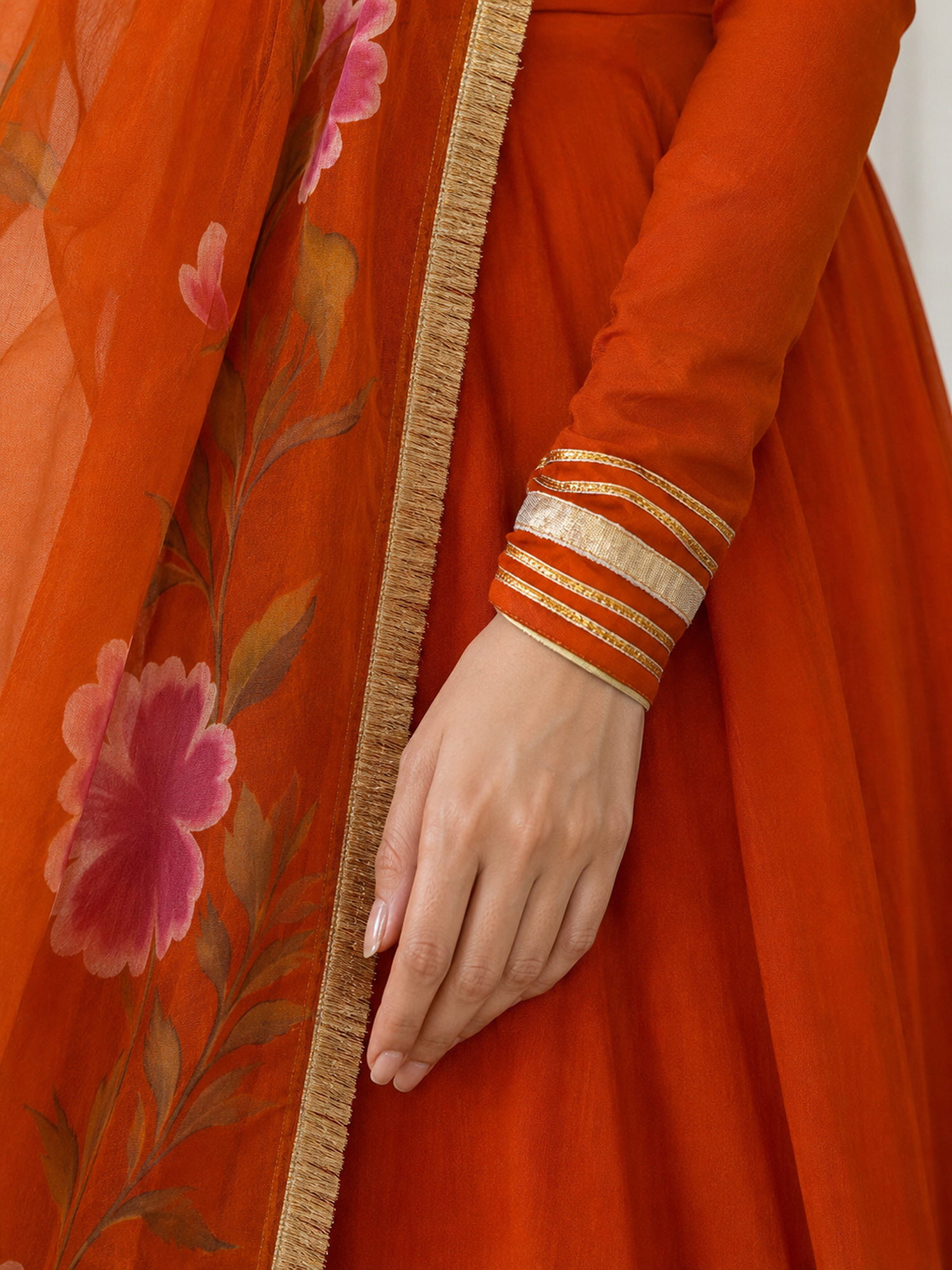Orange Anarkali with Floral Organza Dupatta