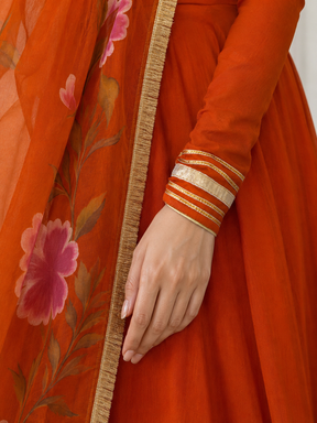 Orange Anarkali with Floral Organza Dupatta