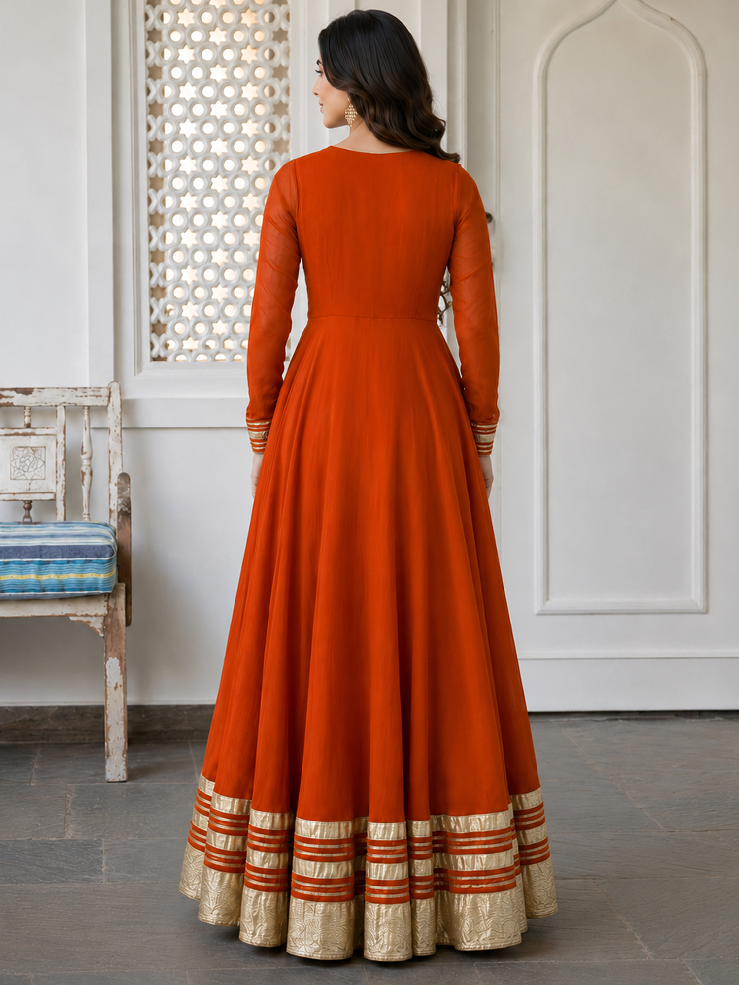 Orange Anarkali with Floral Organza Dupatta