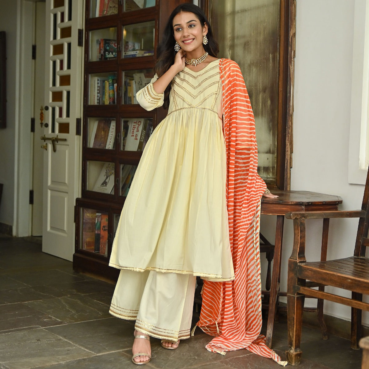 Cream Leheriya Anarkali Two Peice Set