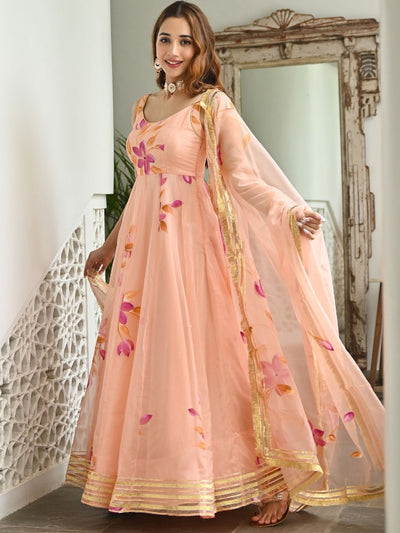 Peach hand paint organza dress with dupatta
