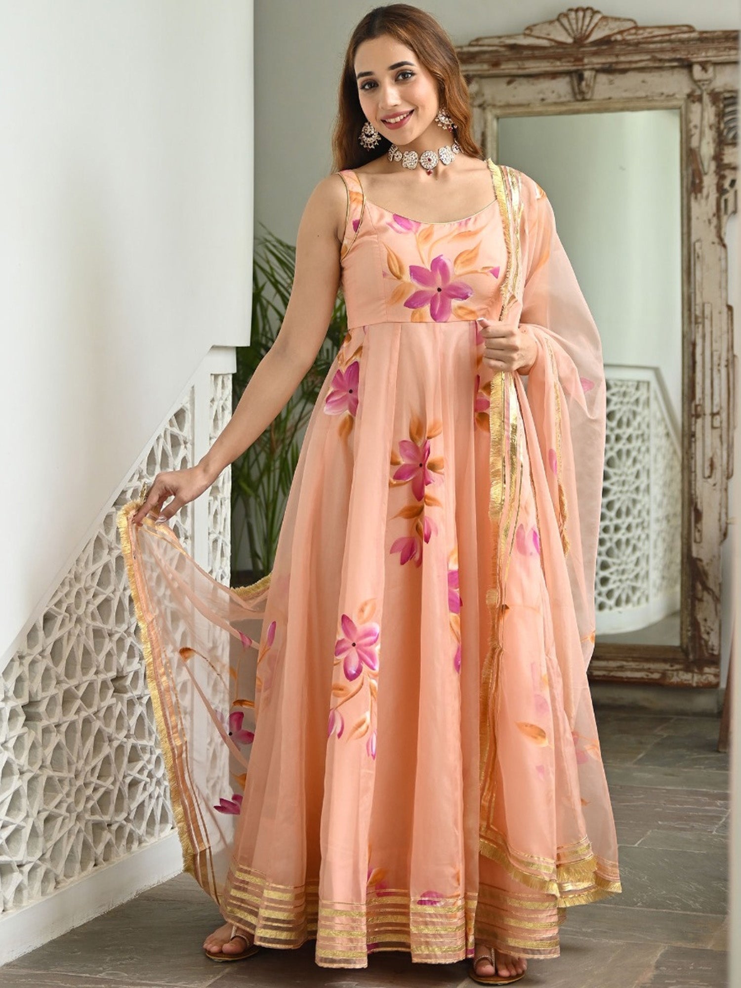 Peach hand paint organza dress with dupatta