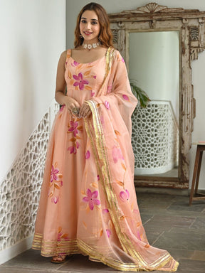 Peach hand paint organza dress with dupatta