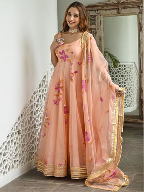 Peach hand paint organza dress with dupatta