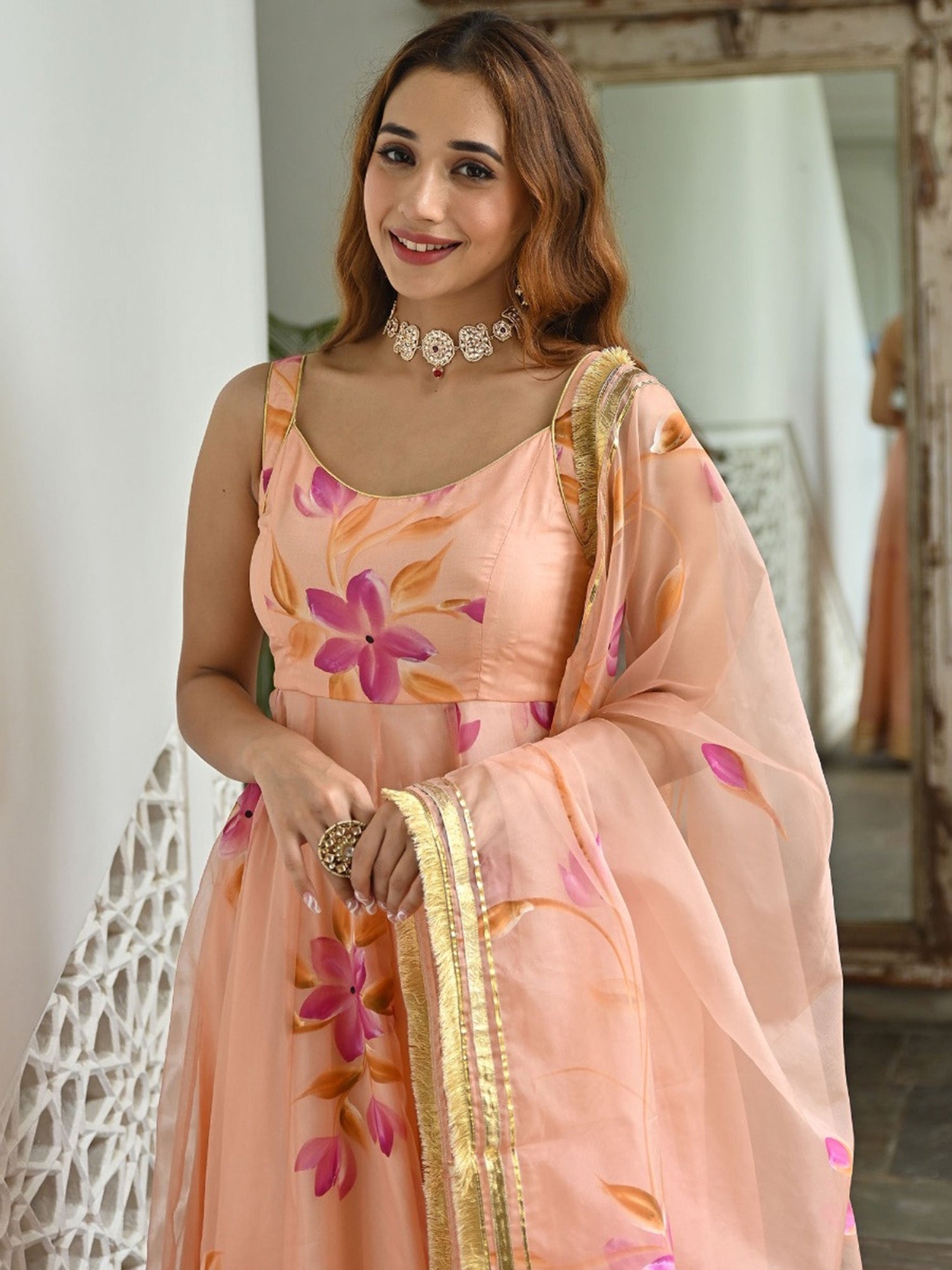 Peach hand paint organza dress with dupatta