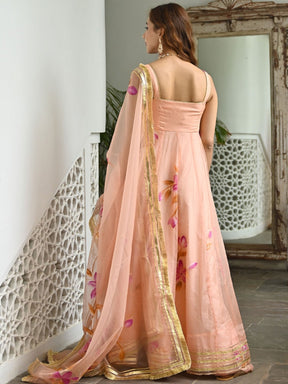 Peach hand paint organza dress with dupatta