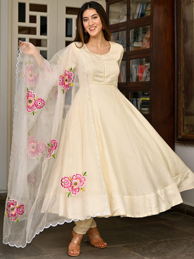 Ivory Silk Embroidered Anarkali Set