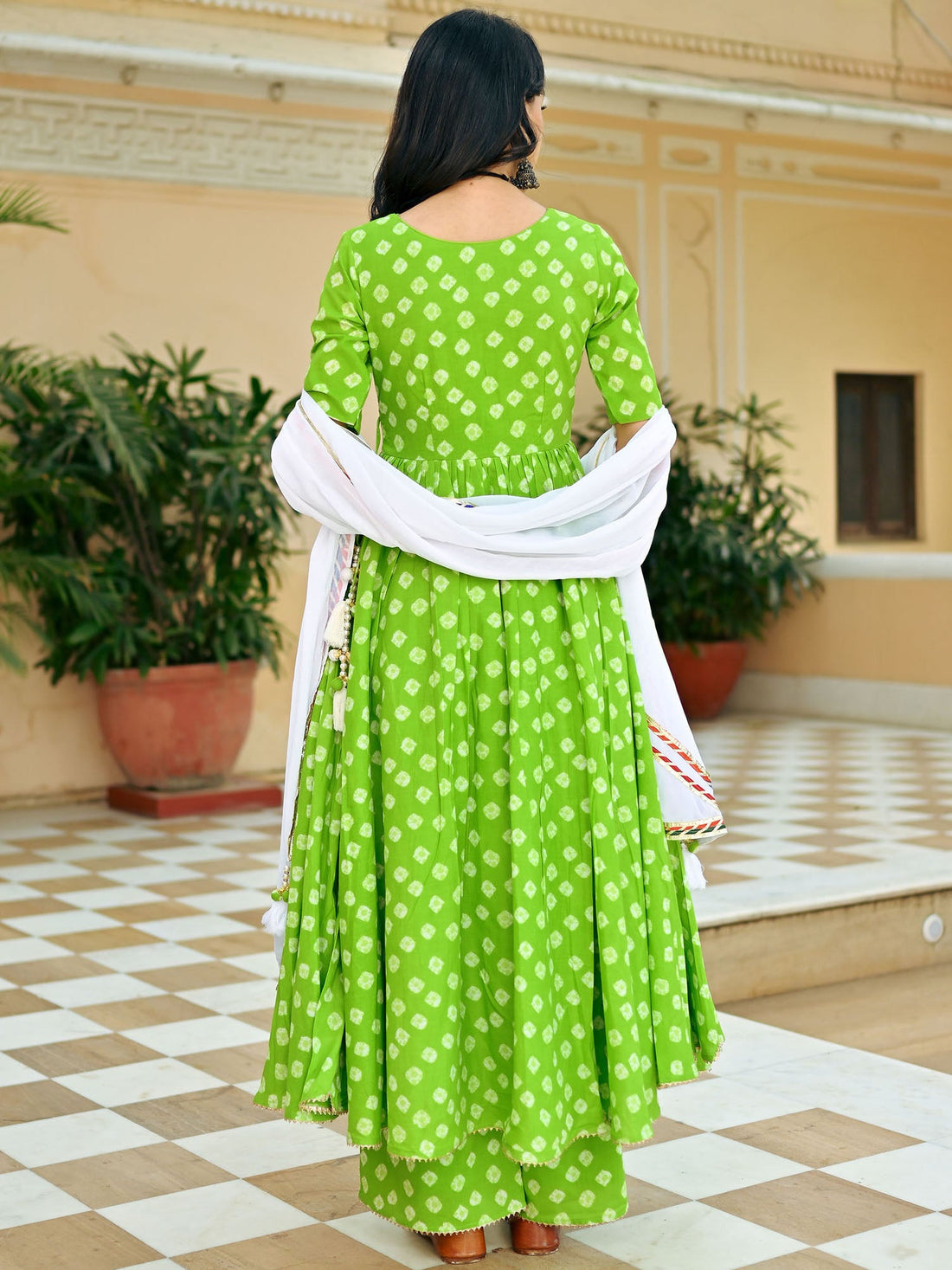 Mehendi Green Bandhej Print Pure Cotton Semi formal Anarkali suit main image 0
