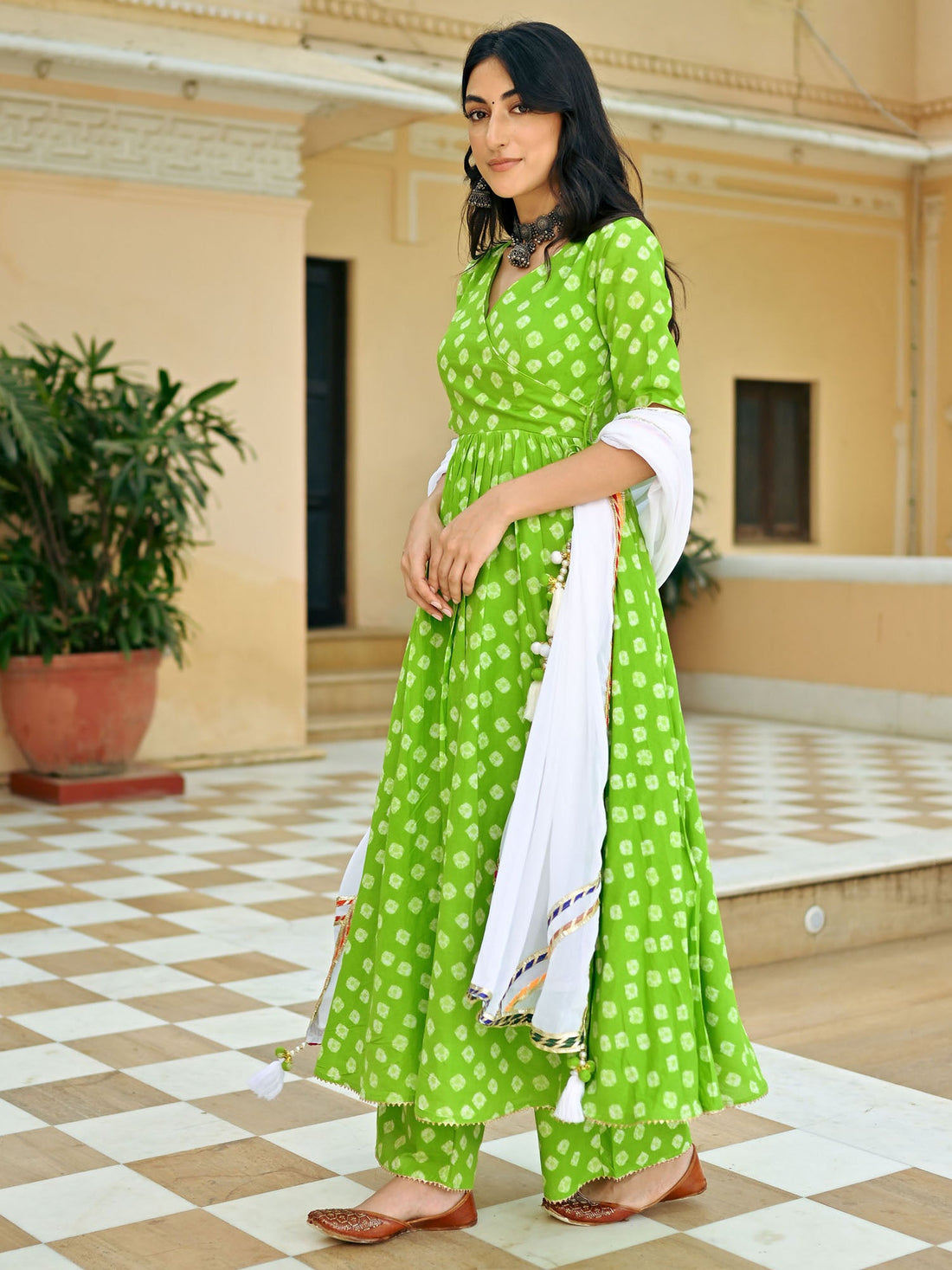 Premium Quality Bandhej Green Anarkali Suit Set