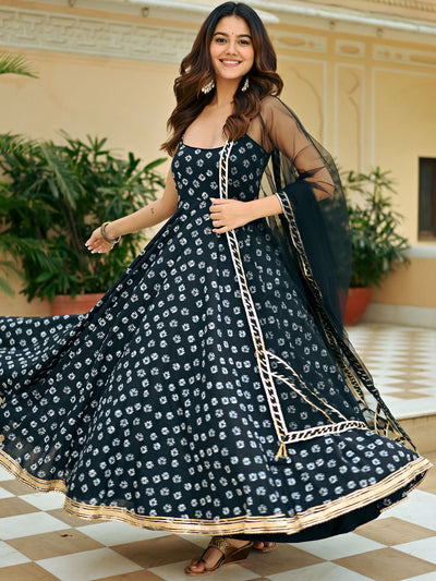 Black Bandhej Anarkali Set