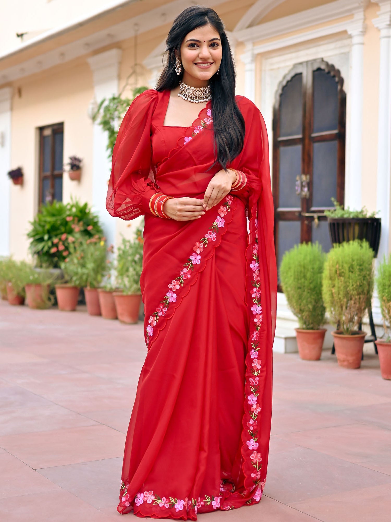 Red Embroidered Saree