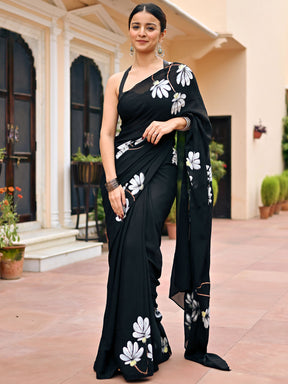 Black Handbrush Chiffon Saree