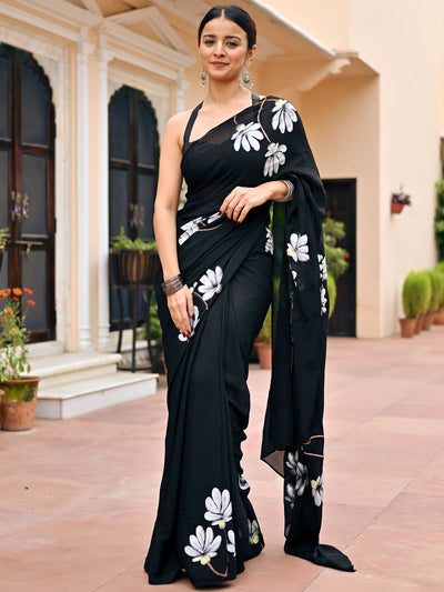 Black Handbrush Chiffon Saree