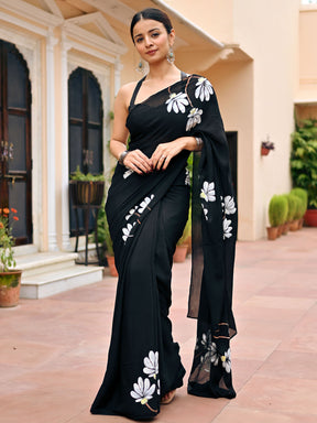 Black Handbrush Chiffon Saree