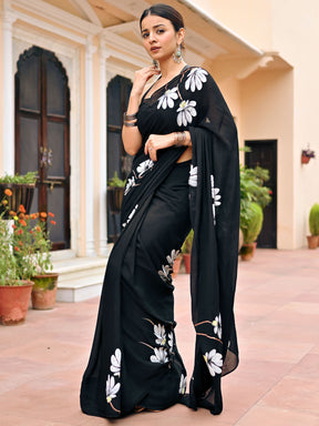 Black Handbrush Chiffon Saree