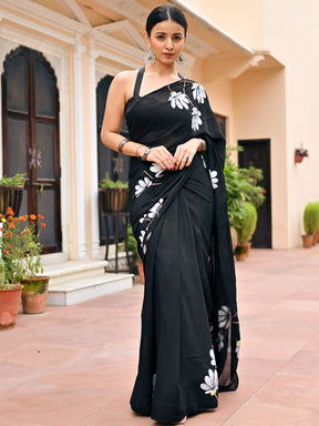 Black Handbrush Chiffon Saree