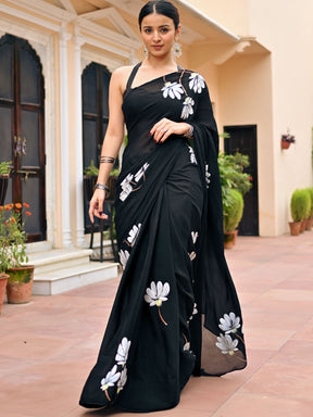 Black Handbrush Chiffon Saree