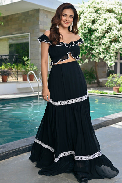 Black Skirt Crop Top Set