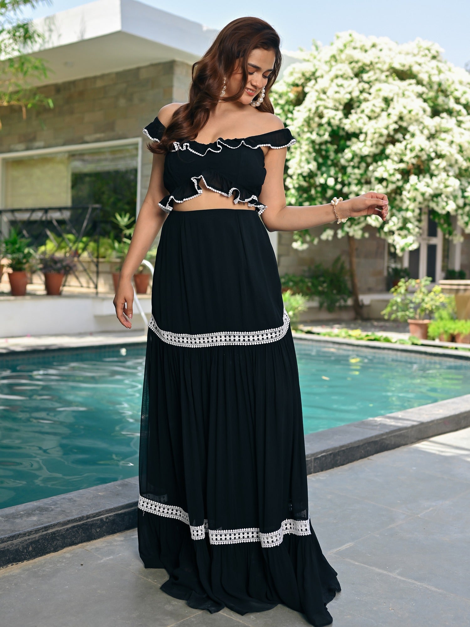 Black Skirt Crop Top Set