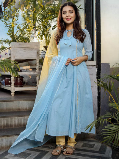 Blue Yellow Anarkali Without  Dupatta