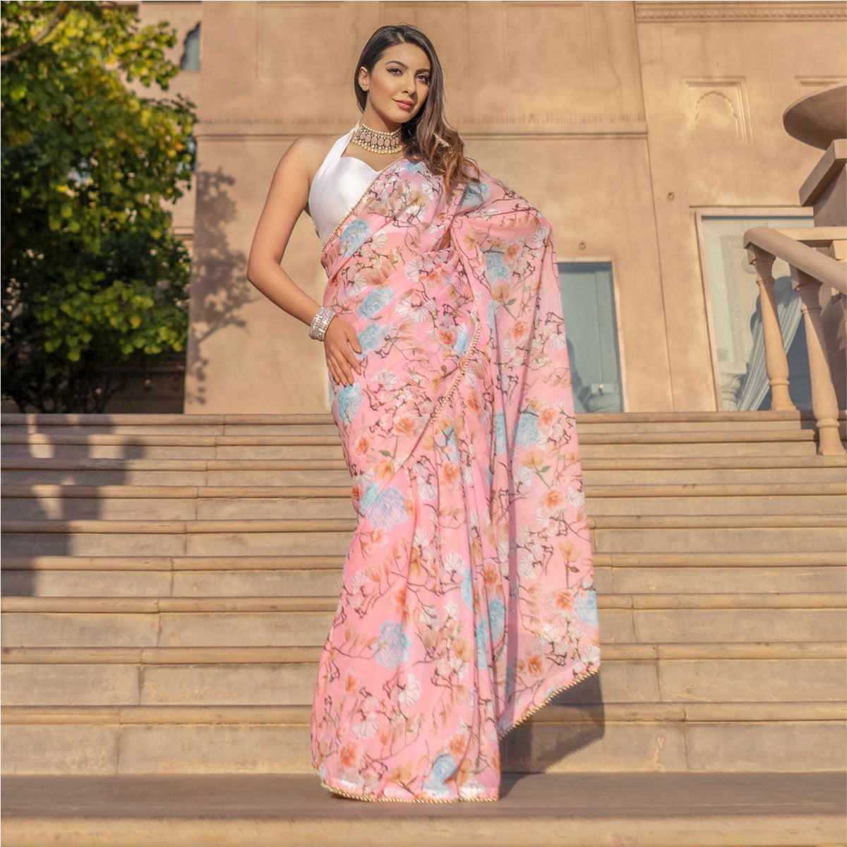 Peach Georgette Saree With Unstitched  Blouse