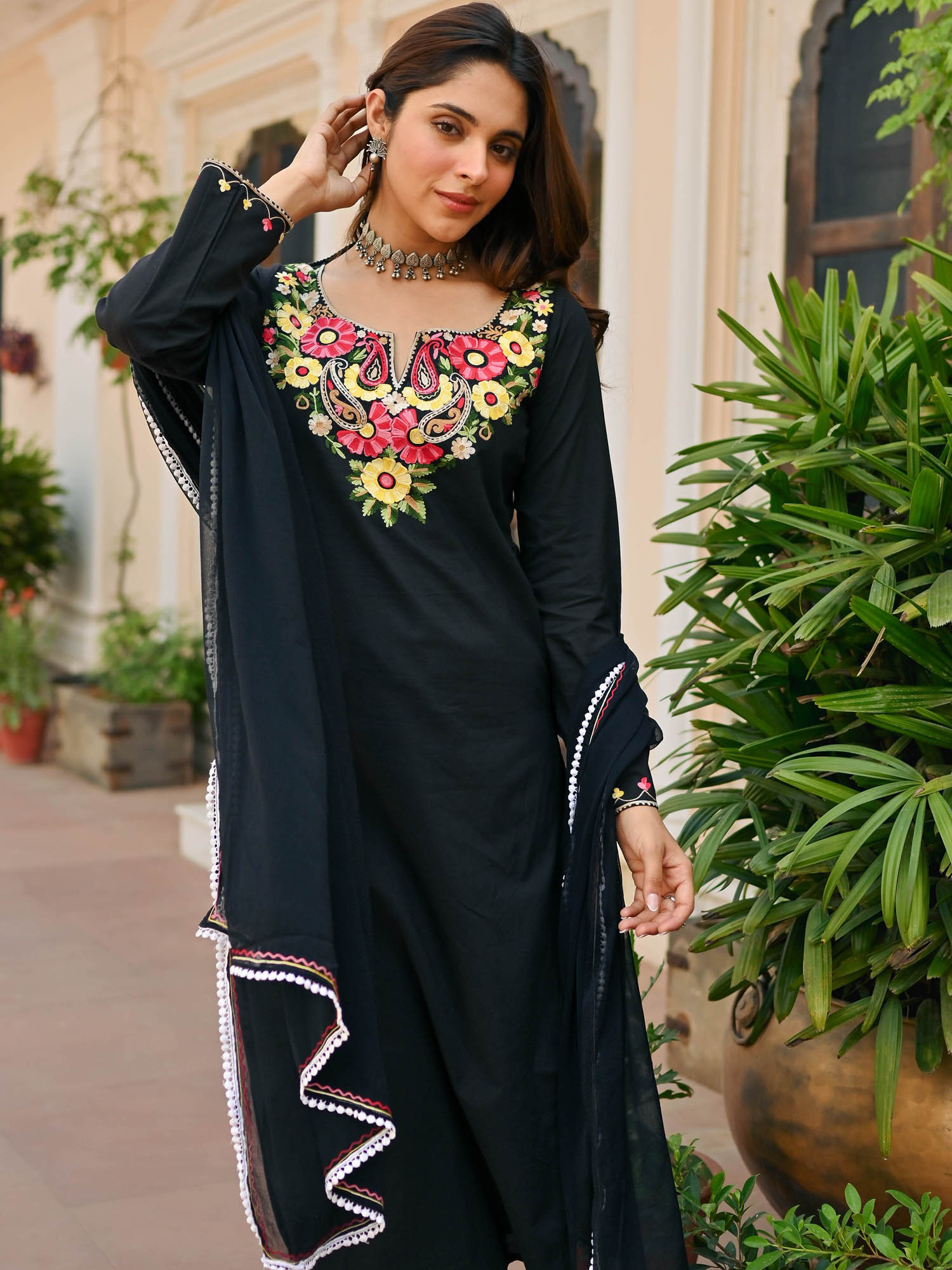 Black Cotton Aari Kurta Set