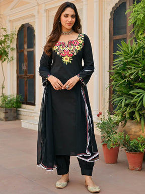 Black Cotton Aari Kurta Set