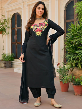 Black Cotton Aari Kurta Set