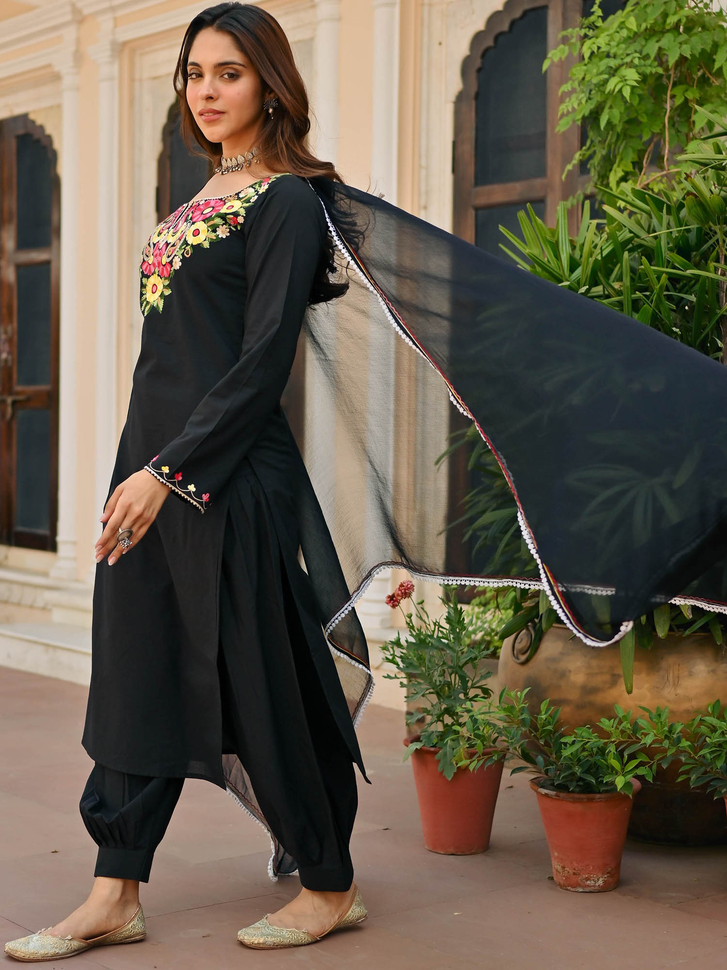Black Cotton Aari Kurta Set