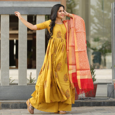 Yellow Anarkali Block Print Suit