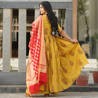 Yellow Anarkali Block Print Suit